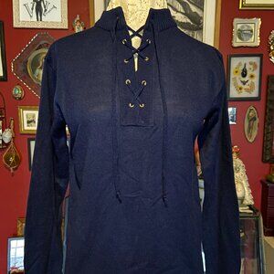 Vintage Navy Blue Lace up Front Sweater 100% Virgin Acrylic Fibre 1960's to 1970